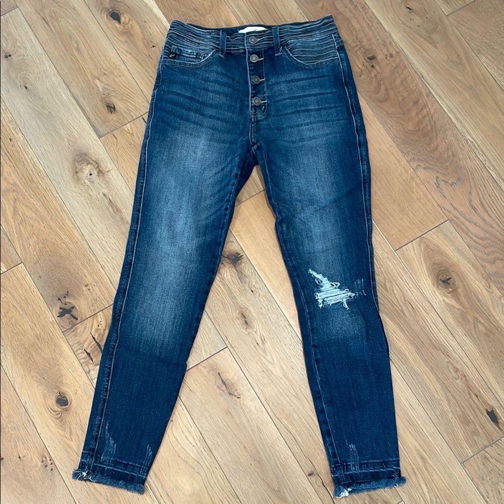 KanCan Blue Skinny Jeans with Distressed Knee and Faded Wash